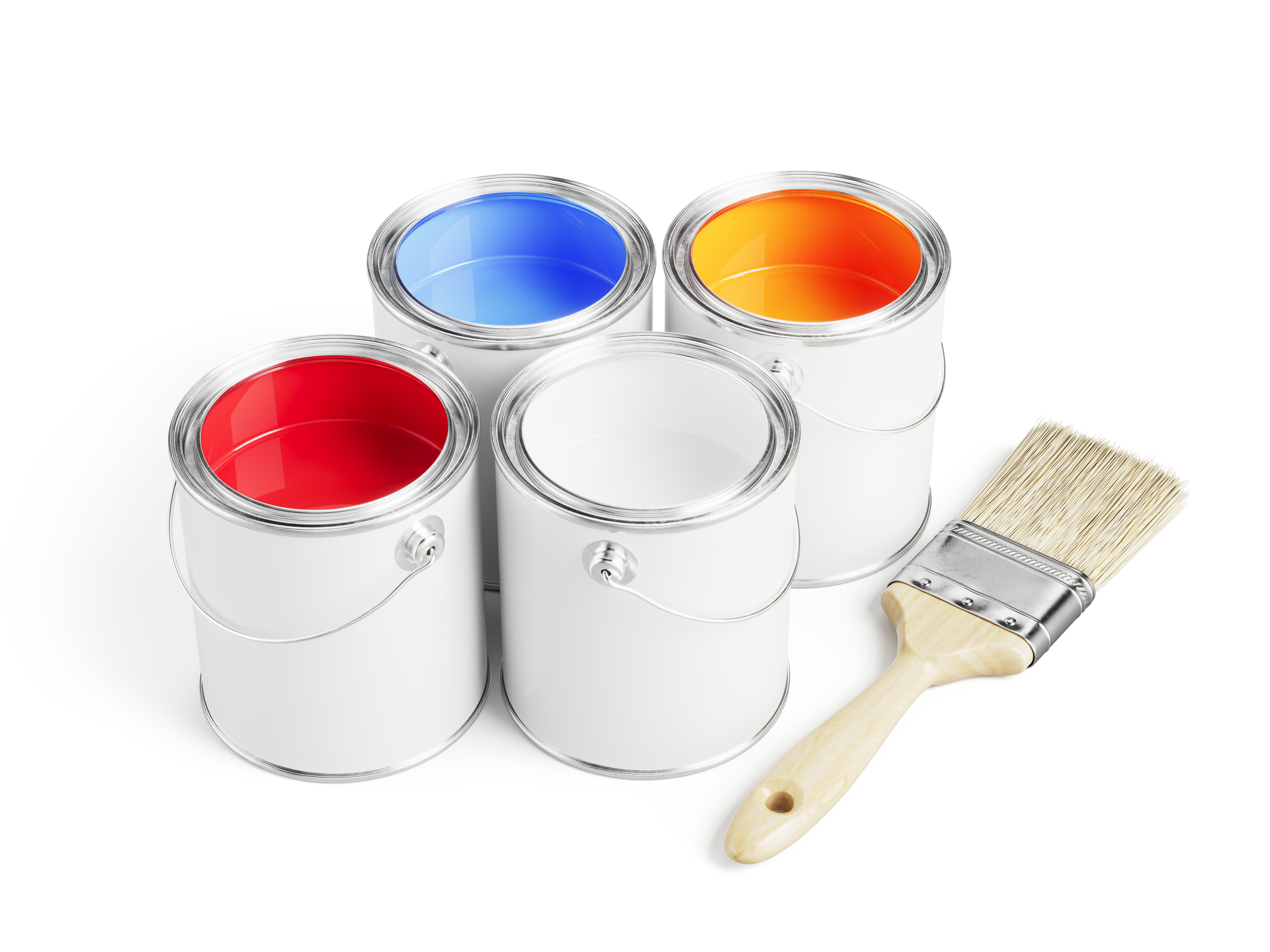 4 pots de peinture avec un pinceau.