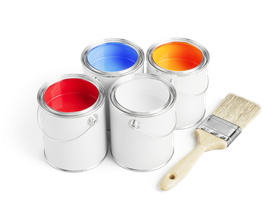 4 pots de peinture avec un pinceau.