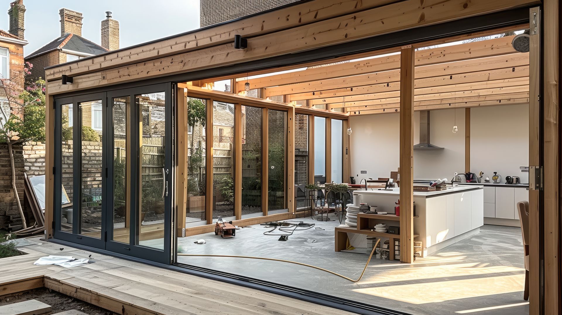 Une extension de maison en bois.
