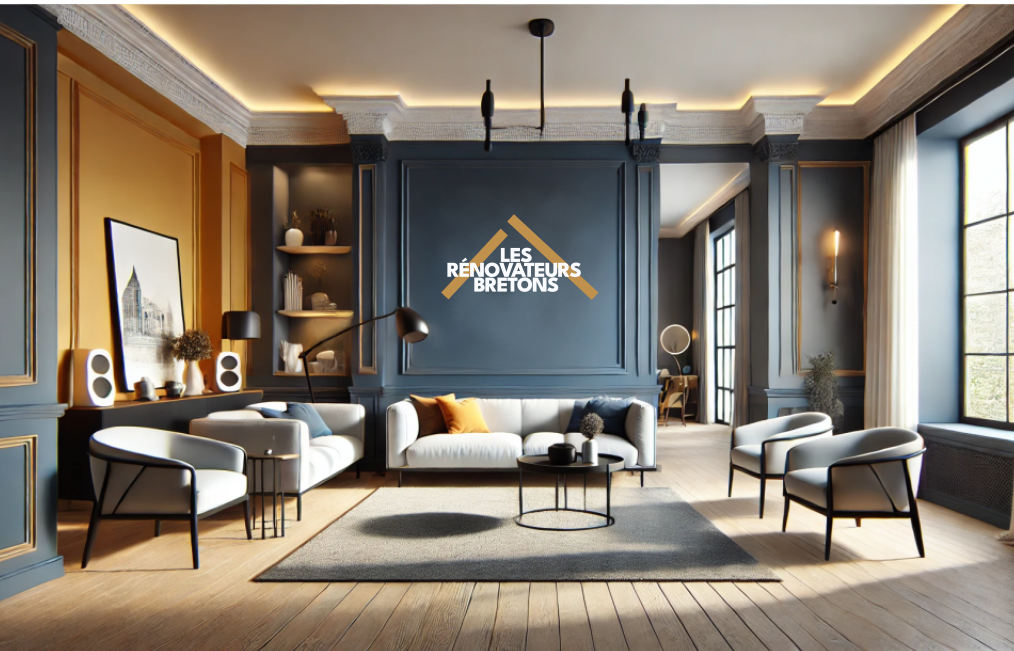 Un salon avec le logo LES RÉNOVATEURS BRETONS sur le mur.
