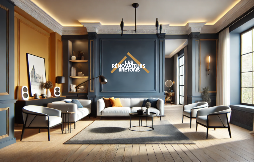 Une pièce de vie avec le logo LES RÉNOVATEURS BRETONS sur un mur.
