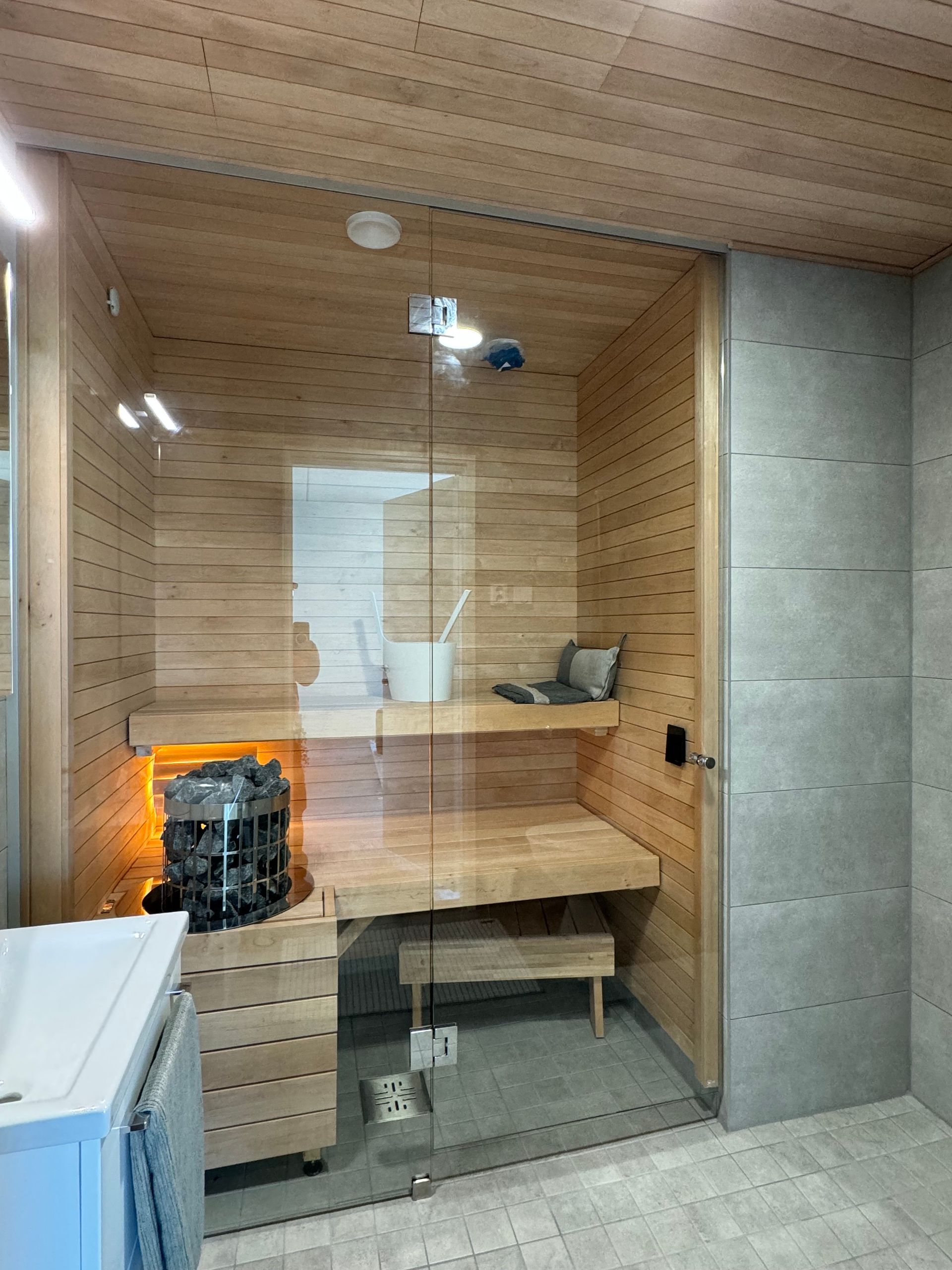 Paneloitu sauna lasiseinällä