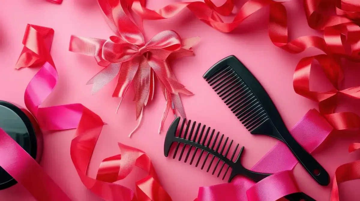 Dos peinetas negras, cinta rosa y un lazo sobre fondo rosa.