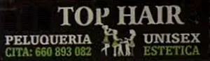 Rótulo de salón "Top Hair": Peluquería Unisex Estética, teléfono 660 893 082. Fondo negro, texto blanco y verde.