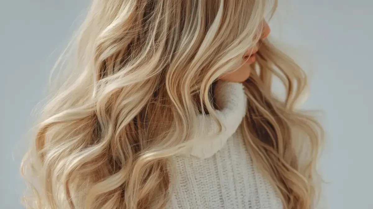 Cabello rubio ondulado cayendo en cascada sobre un suéter de cuello alto blanco; fondo suave y neutro.