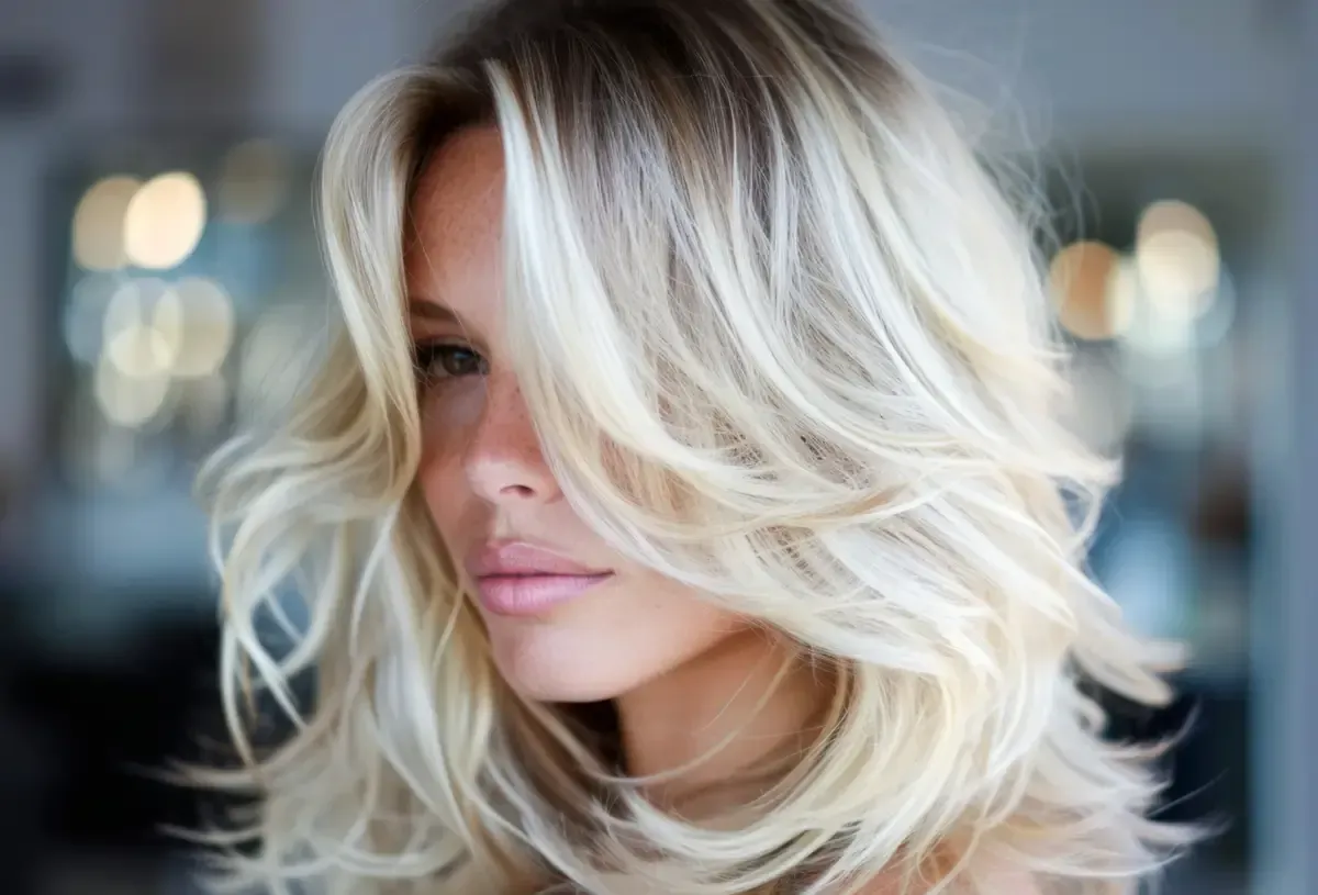 Mujer con cabello rubio en capas, flequillo hacia un lado y ondas suaves.