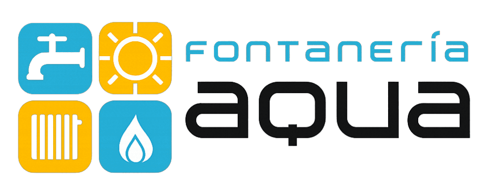 Logotipo para "Fontaner&iacute;a Aqua" con iconos de agua y texto.