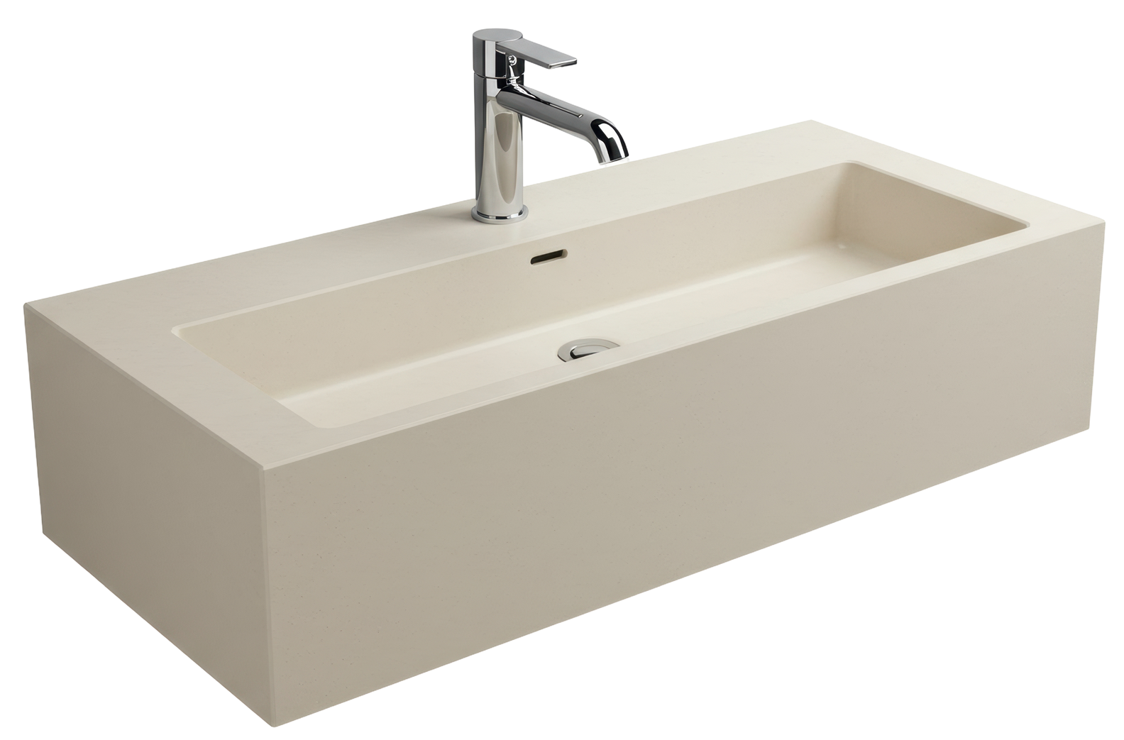Lavabo rectangulaire beige avec robinet chromé.