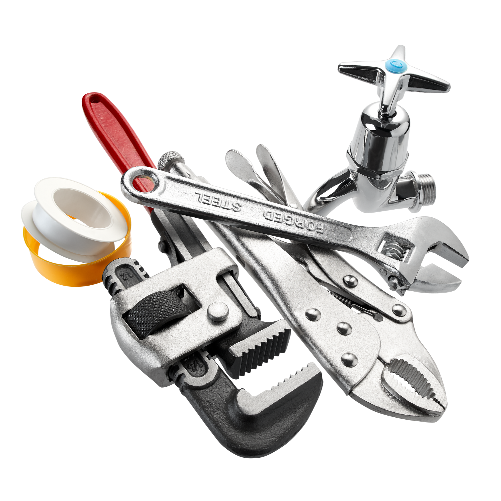 Outils de plomberie : clé à pipe, clé réglable, pince étau, robinet, ruban téflon.