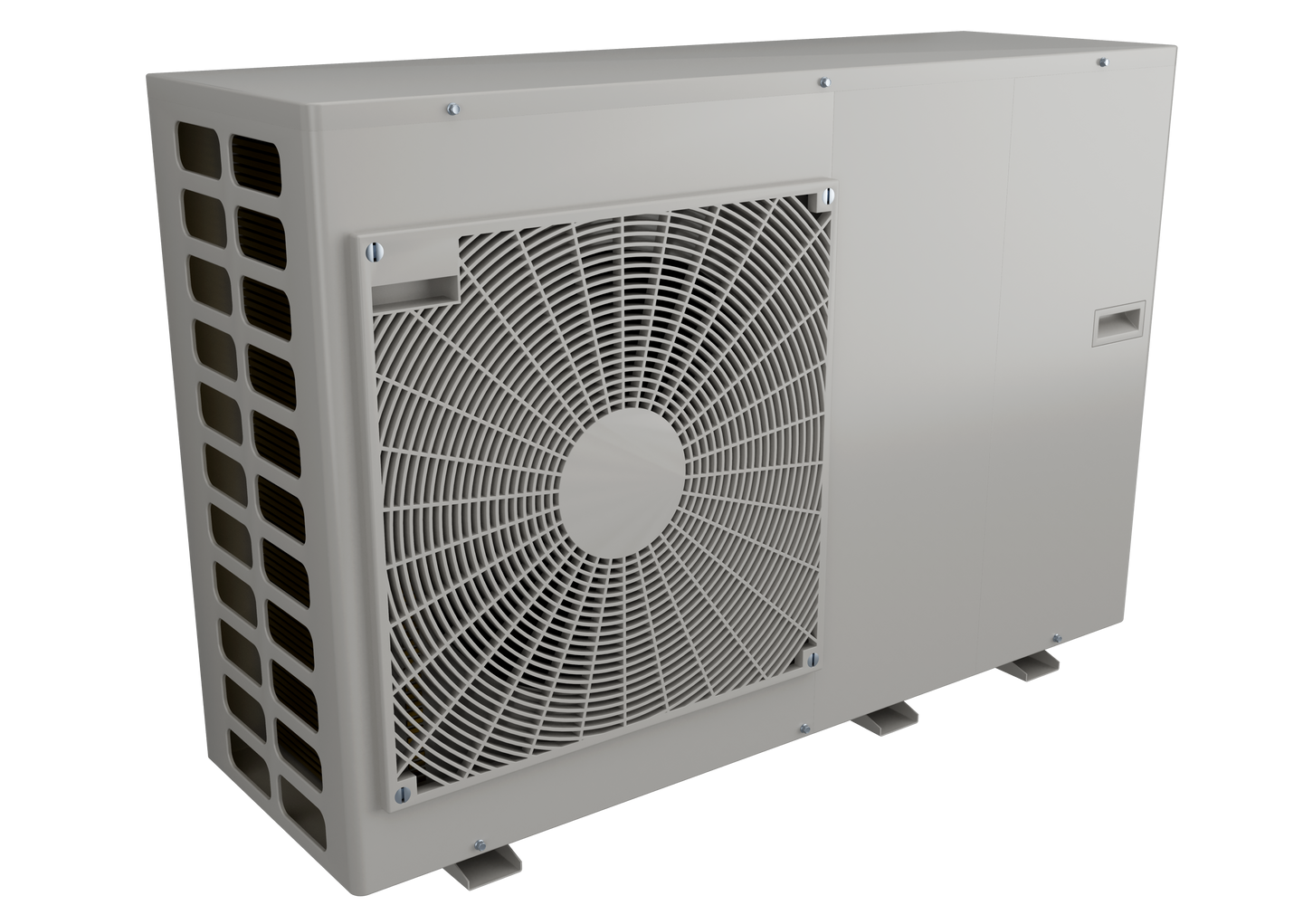 Pompe à chaleur grise avec un grand ventilateur.