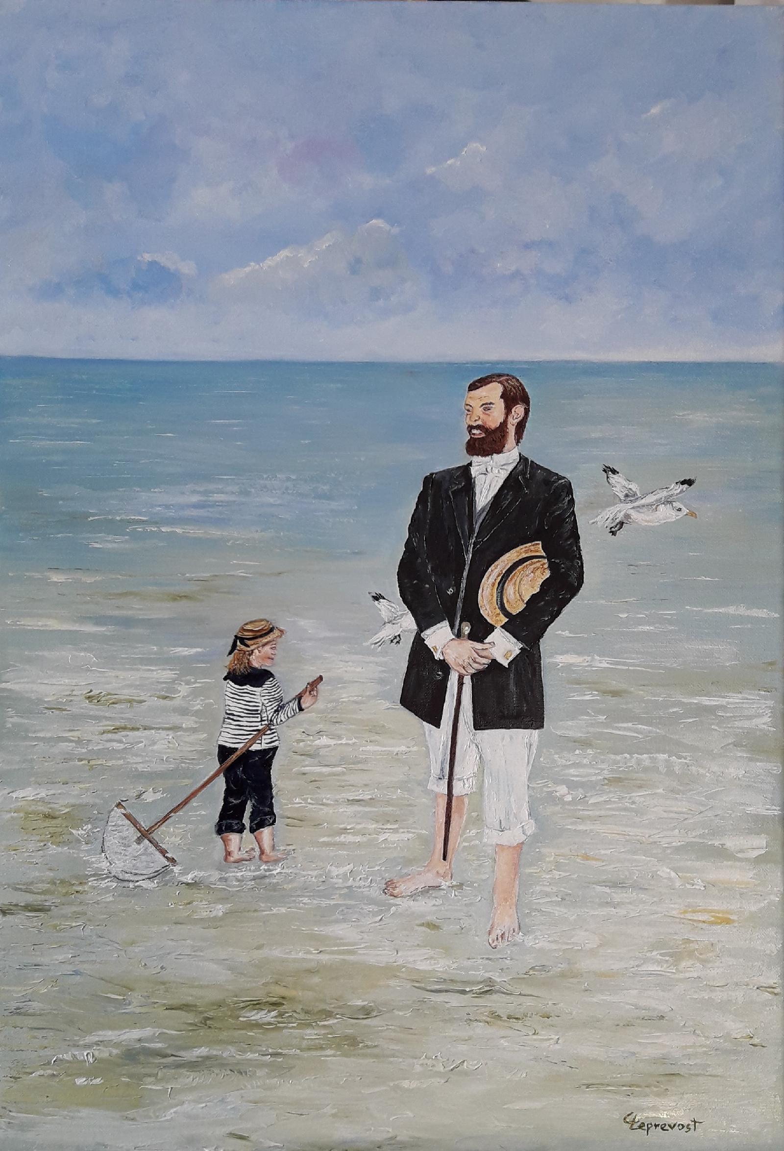 BAINS DE MER A LA BELLE EPOQUE : L'HOMME AU CHAPEAU ET L'ENFANT (55X38)