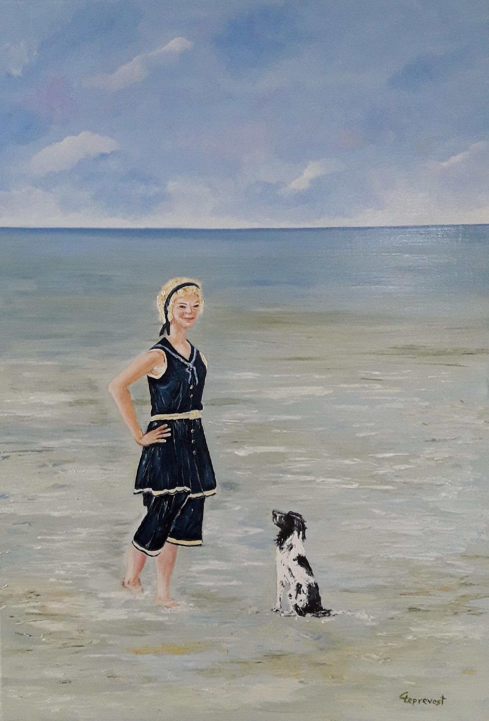 BAINS DE MER A LA BELLE EPOQUE : DEMOISELLE ET SON CHIEN (55X38)