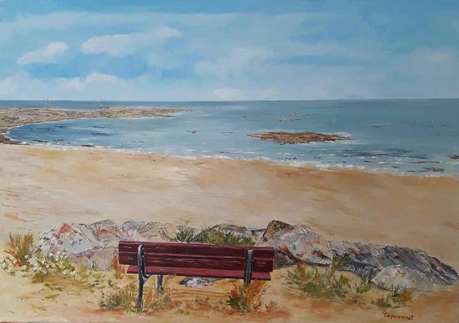 INVITATION SUR LE BANC EN BORD DE MER A BARFLEUR (50 X 70)
