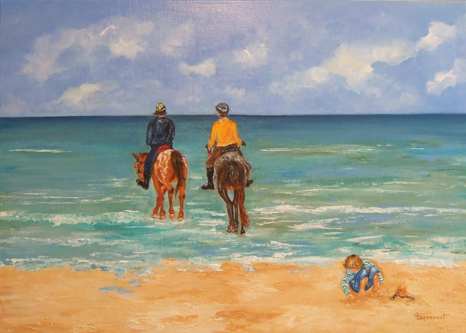 CAVALIER, CAVALIERE EN BORD DE MER (50X70)