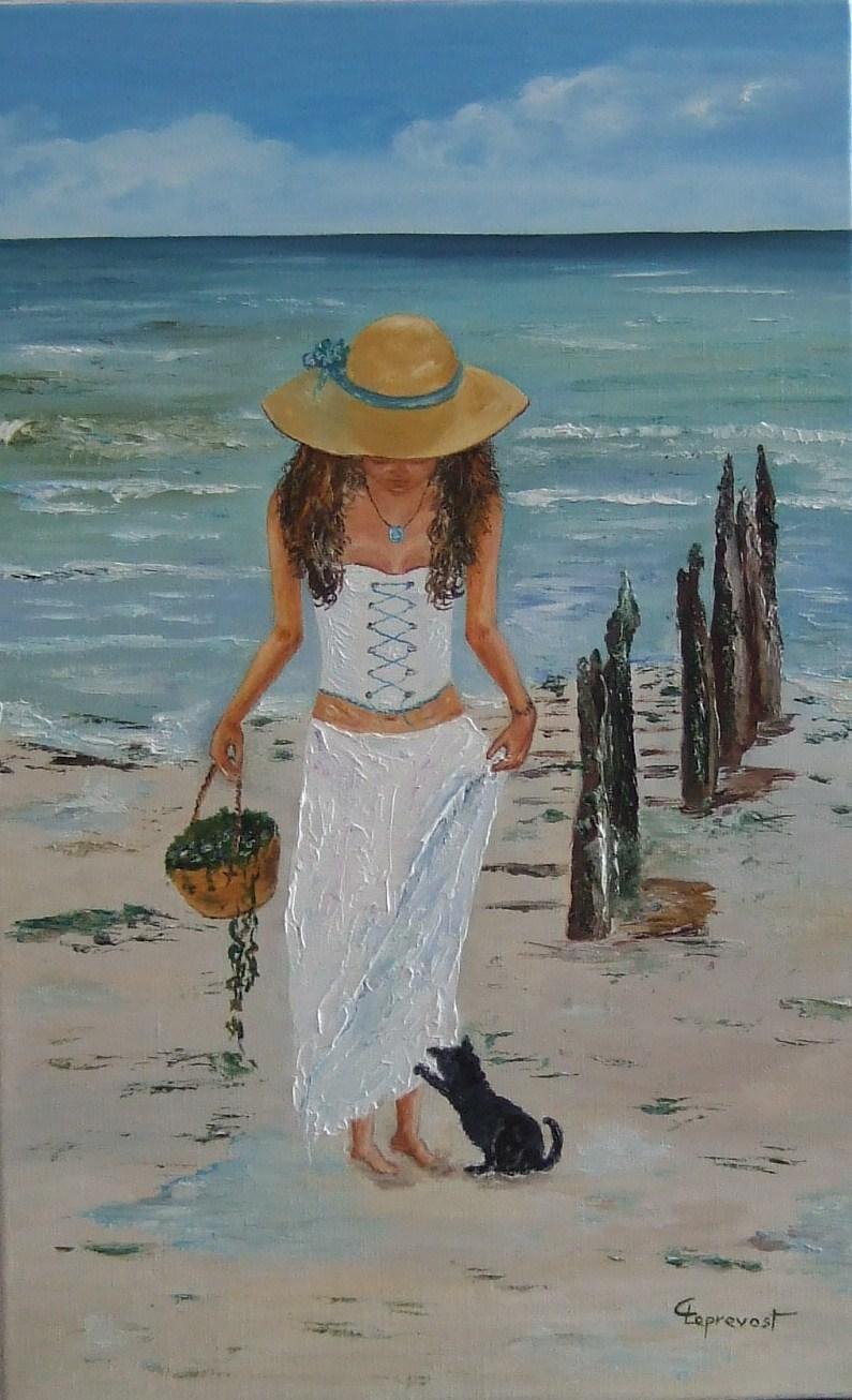 JEUNE FILLE SUR LA PLAGE AUX BOUCHOTS (61X38)