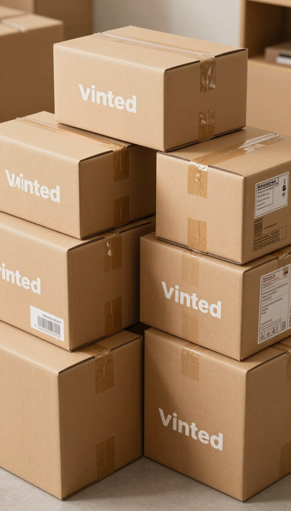 Cajas de envío marrones de Vinted apiladas en un almacén o área de embalaje.