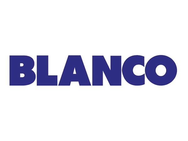 Un logotipo azul y blanco para blanco sobre un fondo blanco.