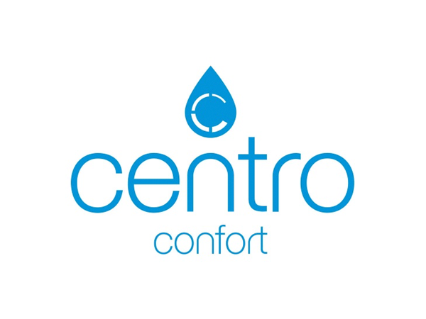 Un logo azul para Centro Confort con una gota de agua.