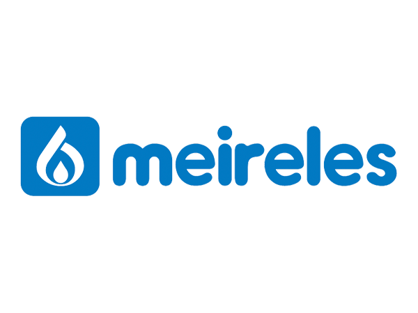 Un logotipo de Meireles azul sobre un fondo blanco.