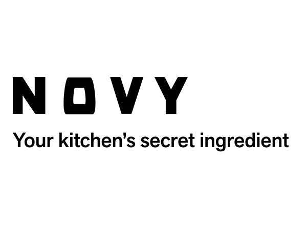 Un logotipo en blanco y negro para Novy, el ingrediente secreto de tu cocina.
