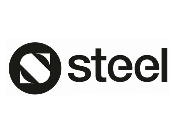 Un logotipo en blanco y negro para acero sobre un fondo blanco.