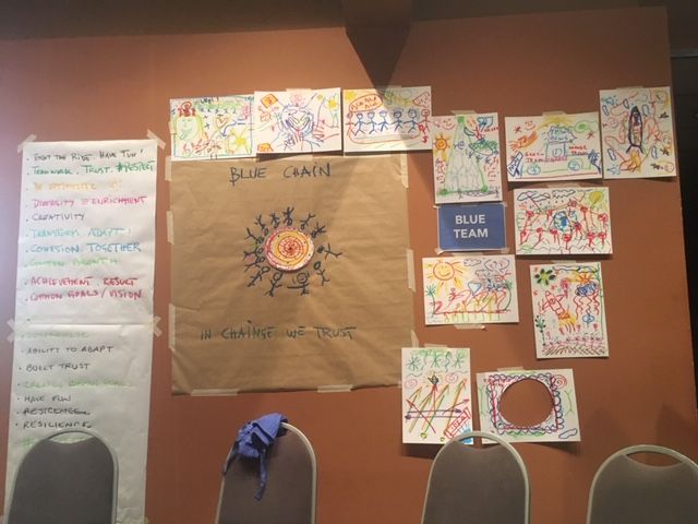 Una pared con un montón de dibujos y un cartel que dice equipo azul.