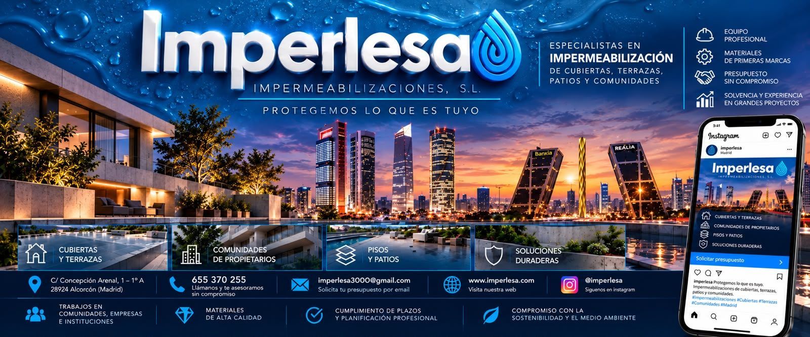 Anuncio de impermeabilización de Imperlesa sobre el perfil urbano de una ciudad al anochecer, con tonos azules e iconos de servicios.