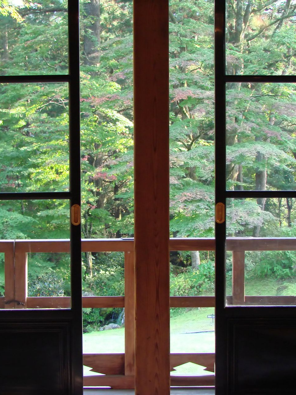 Une colonne en bois divise les portes vitrées révélant une vue sur la forêt avec une terrasse en bois et des balustrades.