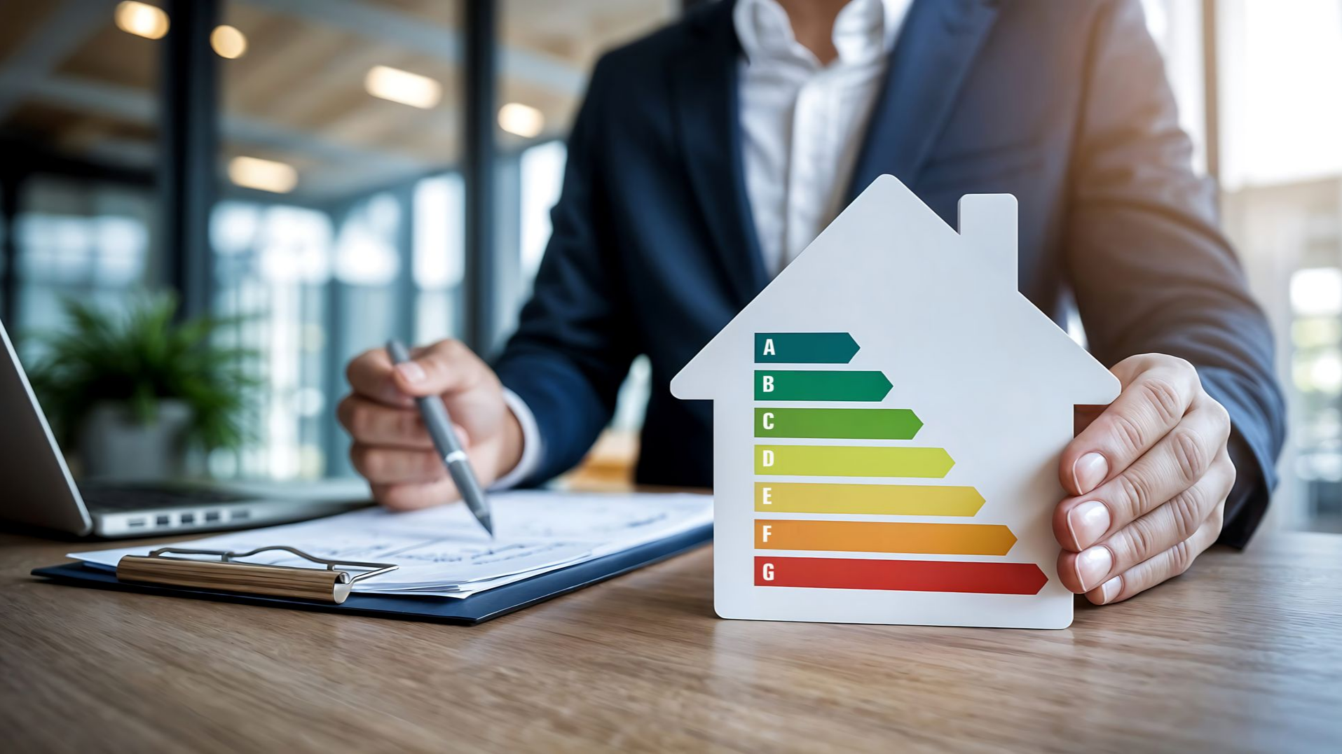 Un homme en costume tenant un symbole d'efficacité énergétique en forme de maison, travaillant à un bureau.