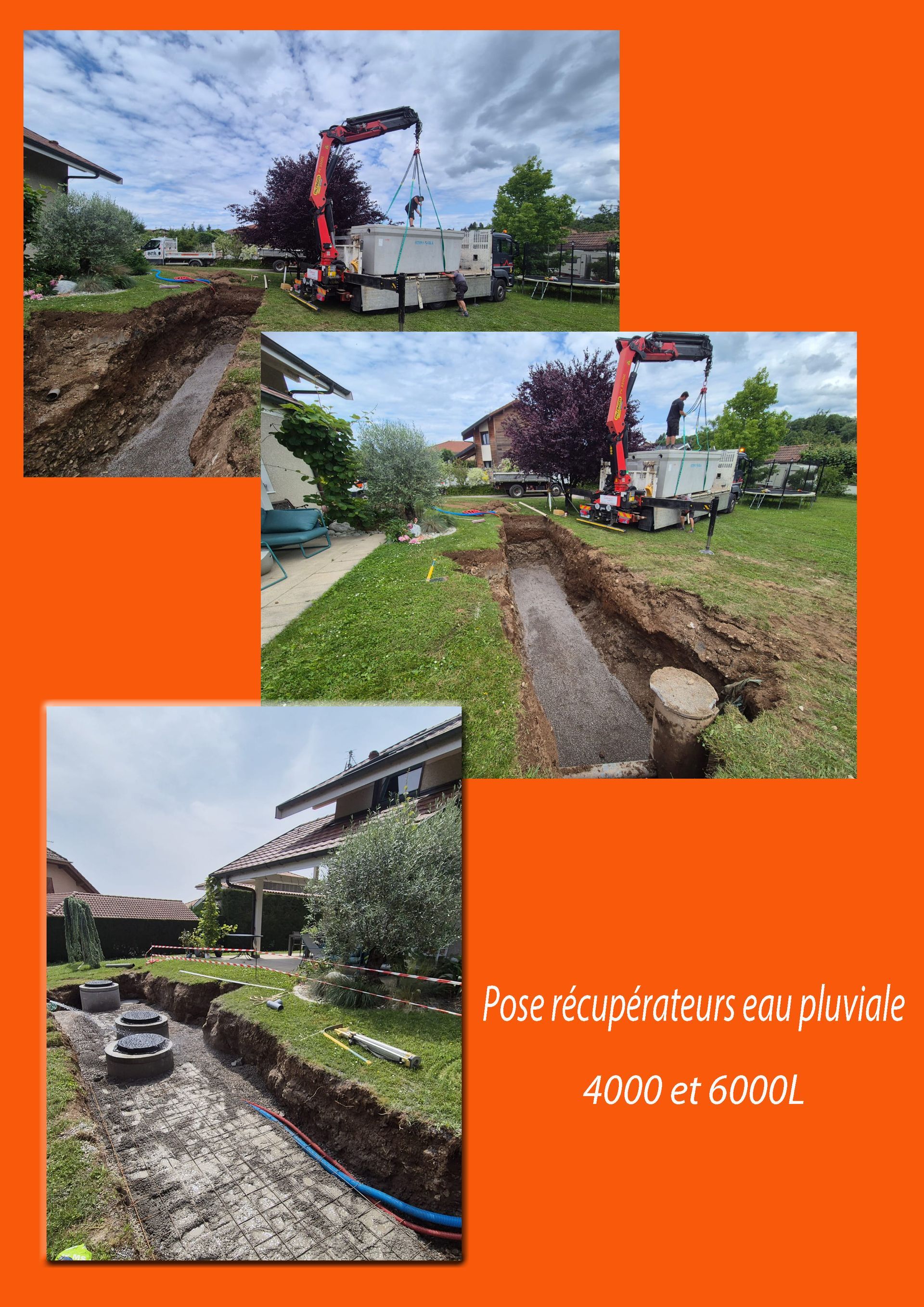 Montage photo de l'installation d'une cuve de récupération d'eaux pluviales