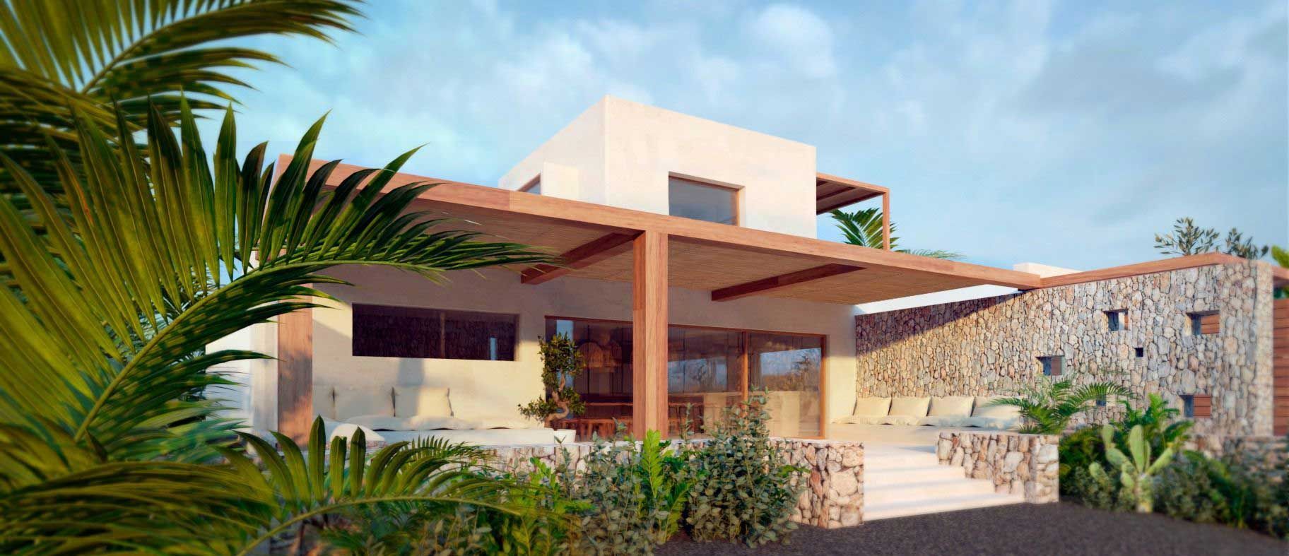 Una casa moderna con pérgola de madera, detalles en piedra y exuberante vegetación. El cielo es azul y ligeramente nublado.