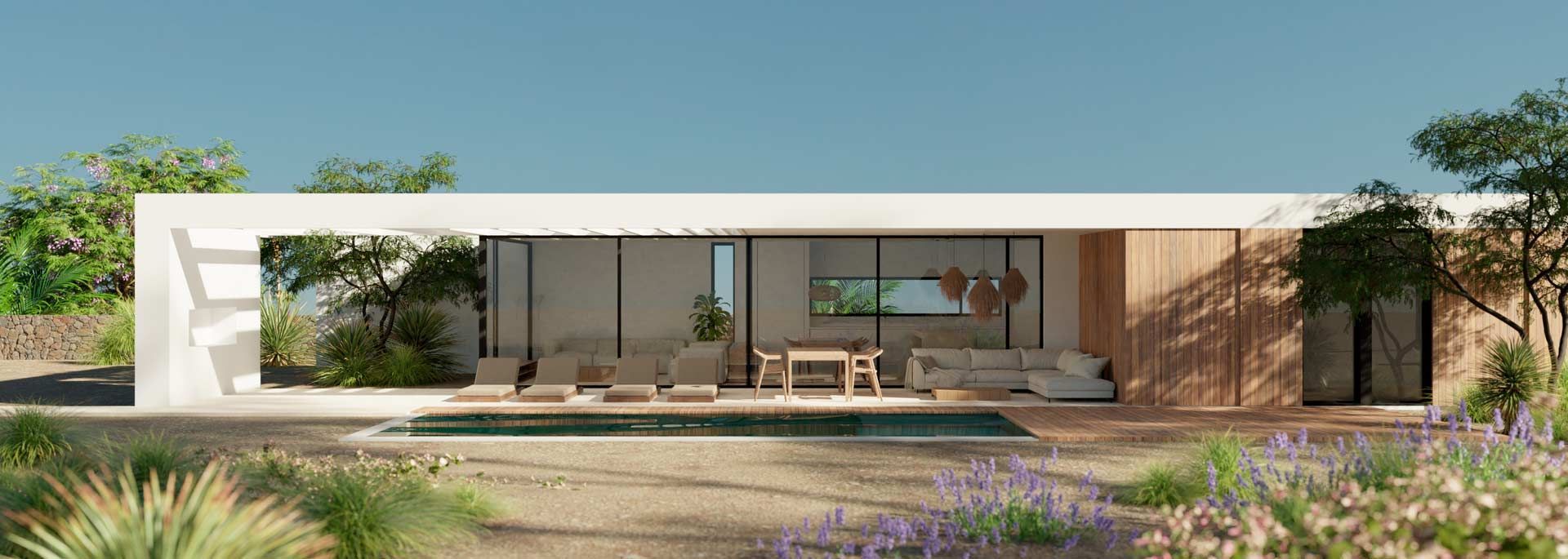 Una casa moderna de una sola planta con piscina. Presenta una fachada blanca, detalles en madera y una pared de cristal con vistas a la piscina.