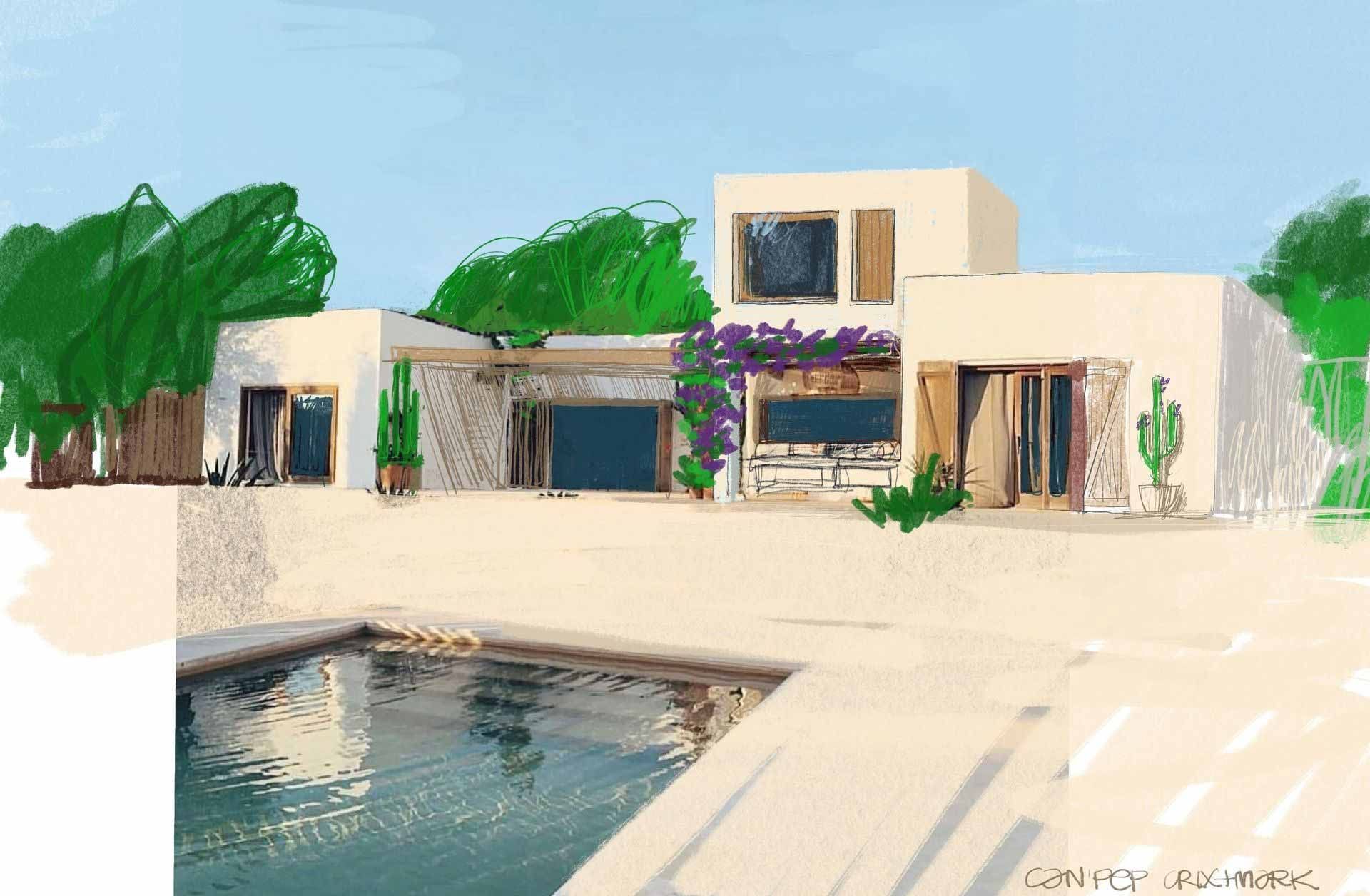 Una casa moderna, blanca, con piscina, con agua azul y árboles verdes, bajo un cielo azul claro.