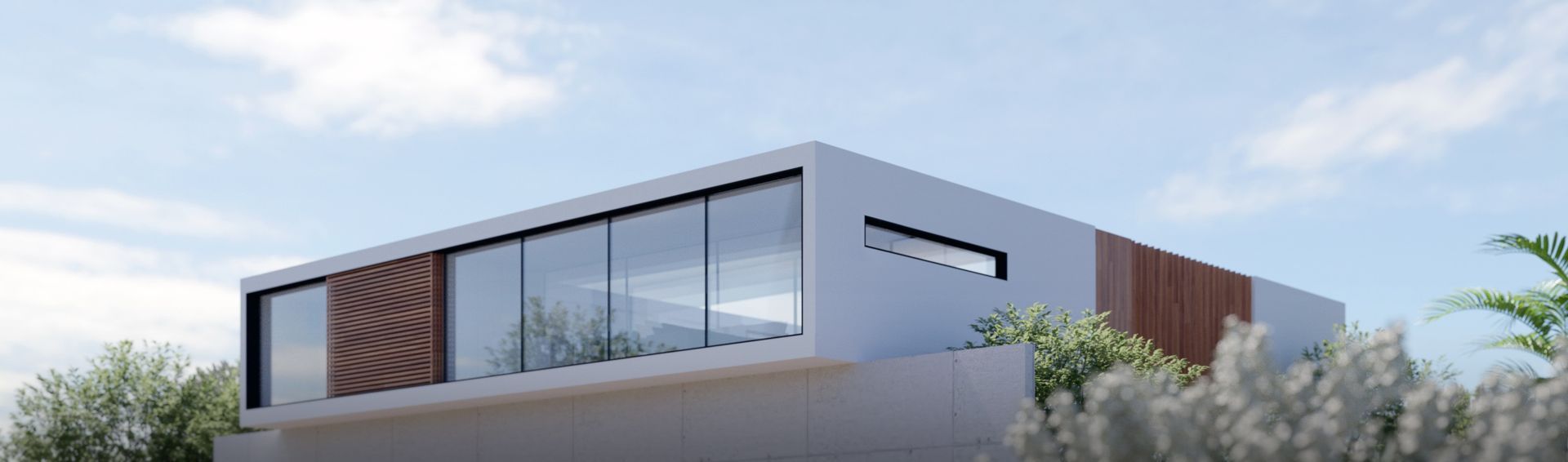 Una casa moderna de dos plantas con grandes ventanales, paneles de madera marrón y paredes blancas. Un cielo azul nublado al fondo.