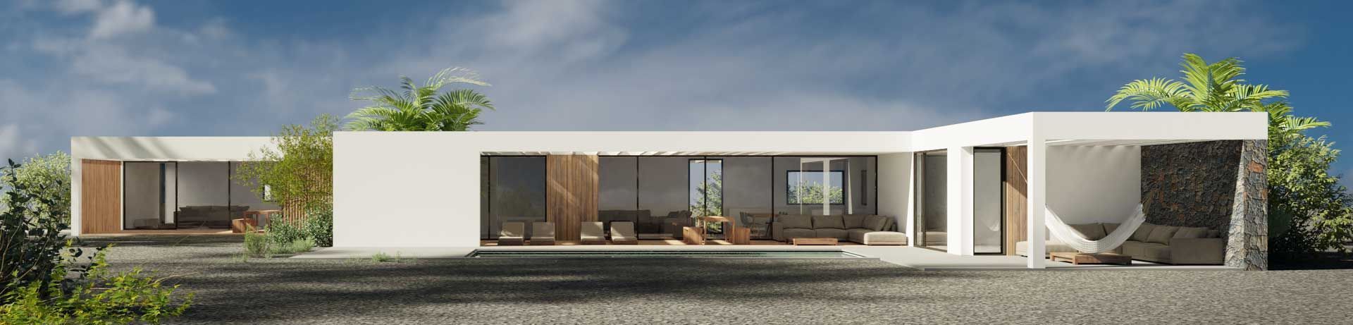 Casa blanca, moderna y minimalista, con grandes ventanales y detalles en madera. Un exuberante follaje verde rodea la estructura contra un cielo azul.