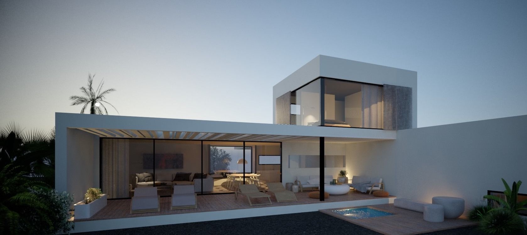 Moderna casa blanca con grandes ventanales, patio y pequeña piscina, frente a un cielo pálido.
