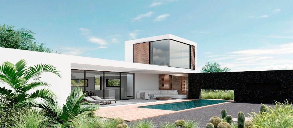 Casa moderna con piscina, de diseño minimalista con paredes blancas, amplios ventanales y detalles en madera. La propiedad está rodeada de exuberante vegetación.