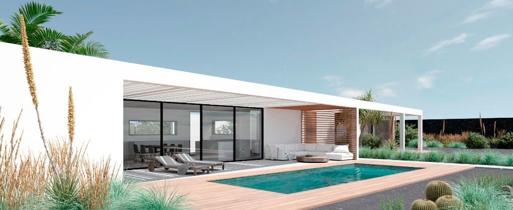 Una casa blanca moderna con piscina, rodeada de jardines. La luz del sol ilumina el paisaje.