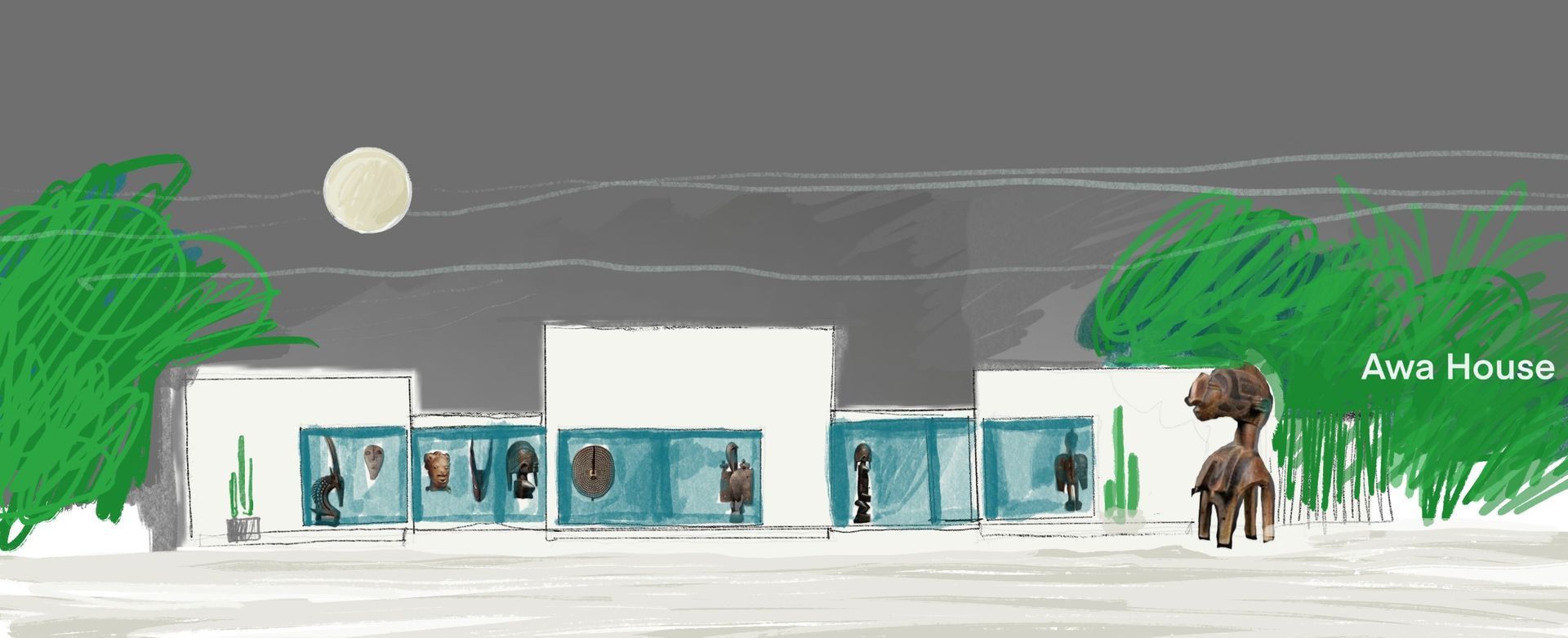 Dibujo de una casa de noche, al estilo caricatura. La luna llena brilla en el cielo gris. A la derecha, un árbol marrón.