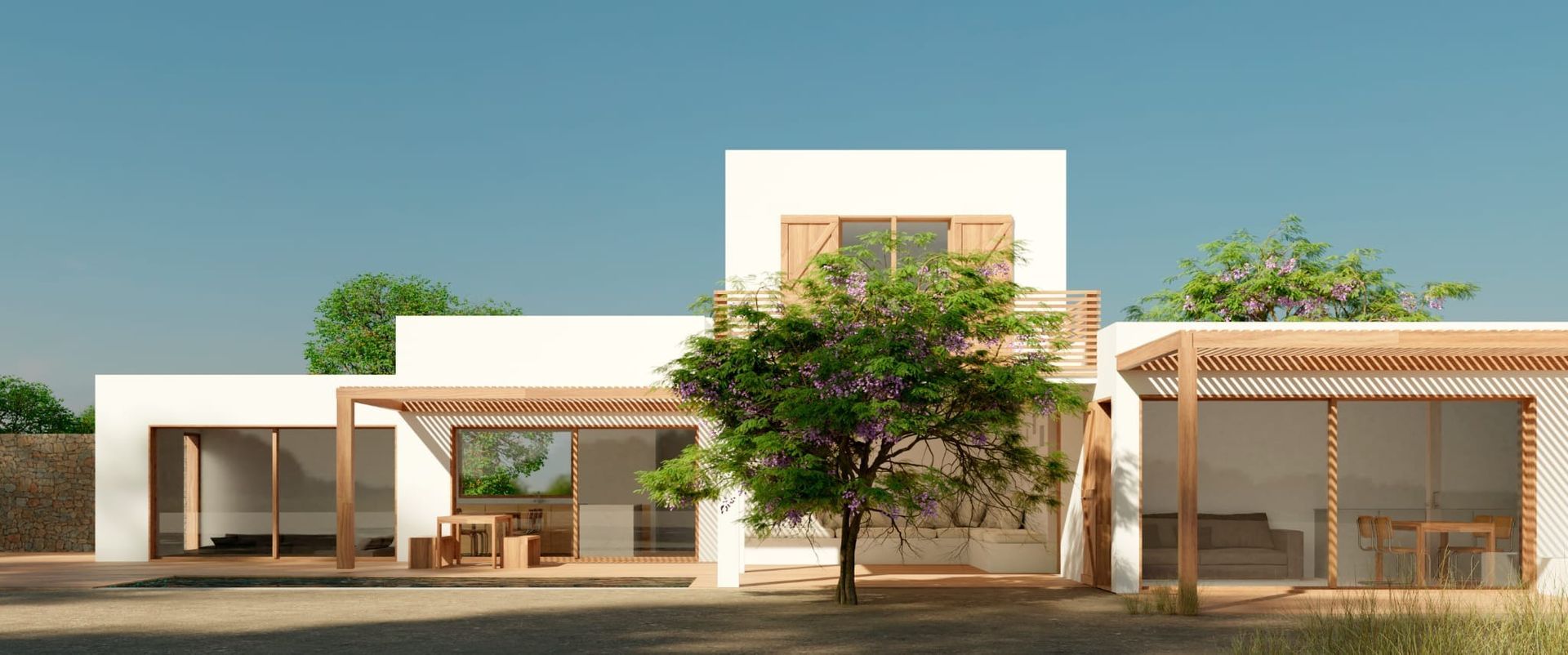Un edificio moderno y blanco con detalles de madera y un árbol central. Su arquitectura se caracteriza por sus espacios abiertos y un cielo azul despejado.