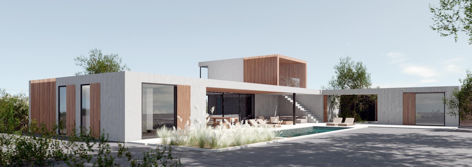 Moderna casa blanca con detalles de madera, piscina y vegetación circundante bajo un cielo despejado.