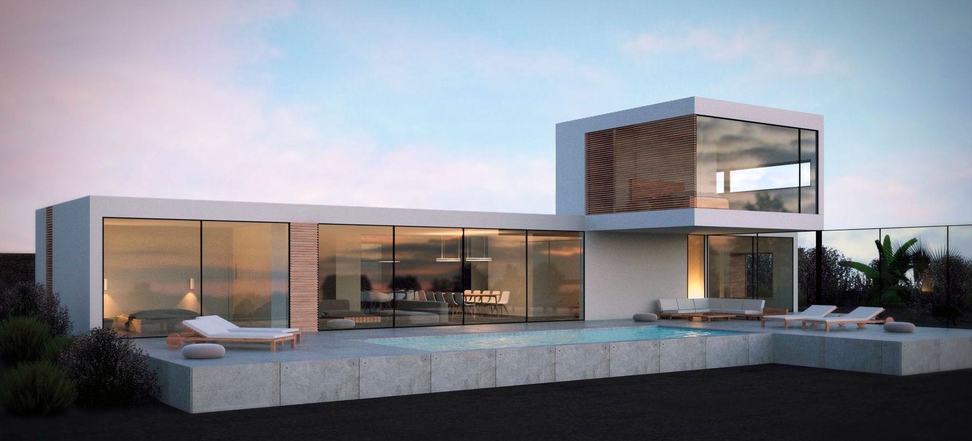 Casa moderna minimalista con piscina. Grandes ventanales, paredes blancas y techo plano.