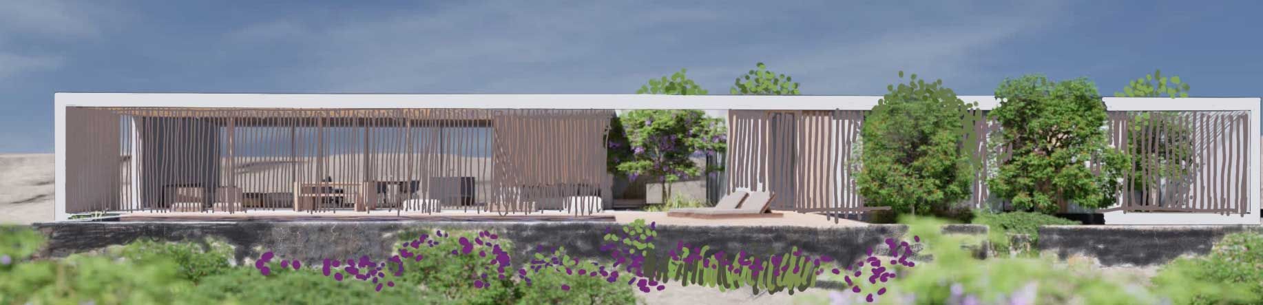 Una casa larga y moderna con grandes ventanales y vigas de madera, situada en una ladera con plantas y árboles.