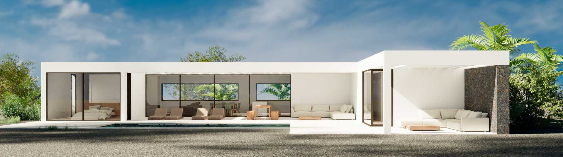 Casa moderna, blanca y de una sola planta con amplios ventanales. Su diseño abierto incluye zona de estar y una piscina con el cielo azul y la vegetación como telón de fondo.