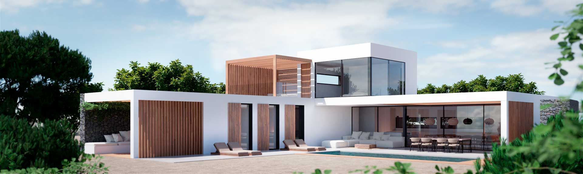 Casa blanca moderna con detalles en madera y grandes ventanales. Al fondo, frondosos árboles y un cielo azul.