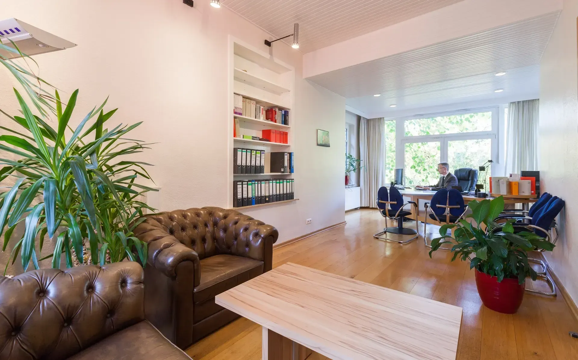 Eine Kanzlei mit Couch, Tisch, Stühlen und einer Topfpflanze.