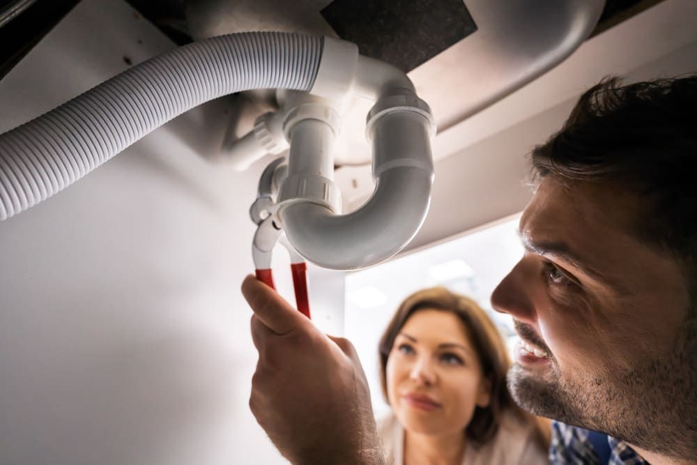 Un technicien inspecte la bonde d'un évier sous un meuble de cuisine, sous le regard d'une personne à proximité.