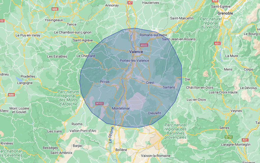 Carte avec la zone d'intervention autour de Valence
