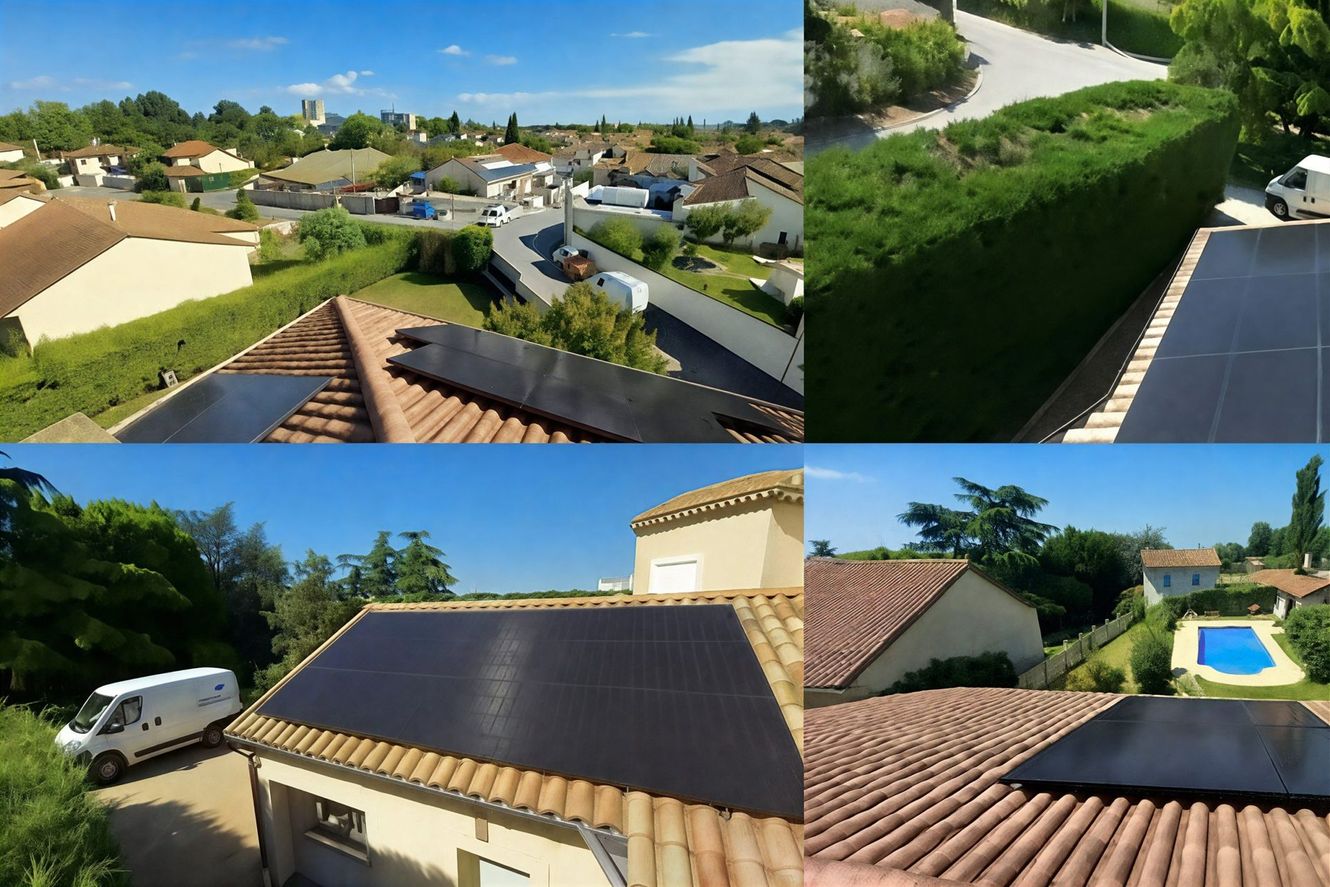 Vue aérienne d'un quartier résidentiel avec des toits, des arbres et une piscine sous un ciel dégagé