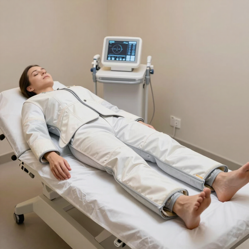 Paciente acostado en una camilla de exploración médica junto a una máquina de ultrasonido en una sala de consulta.
